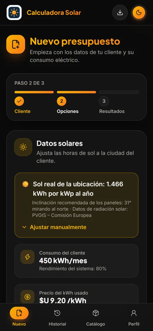 Datos solares de la ubicación y opciones