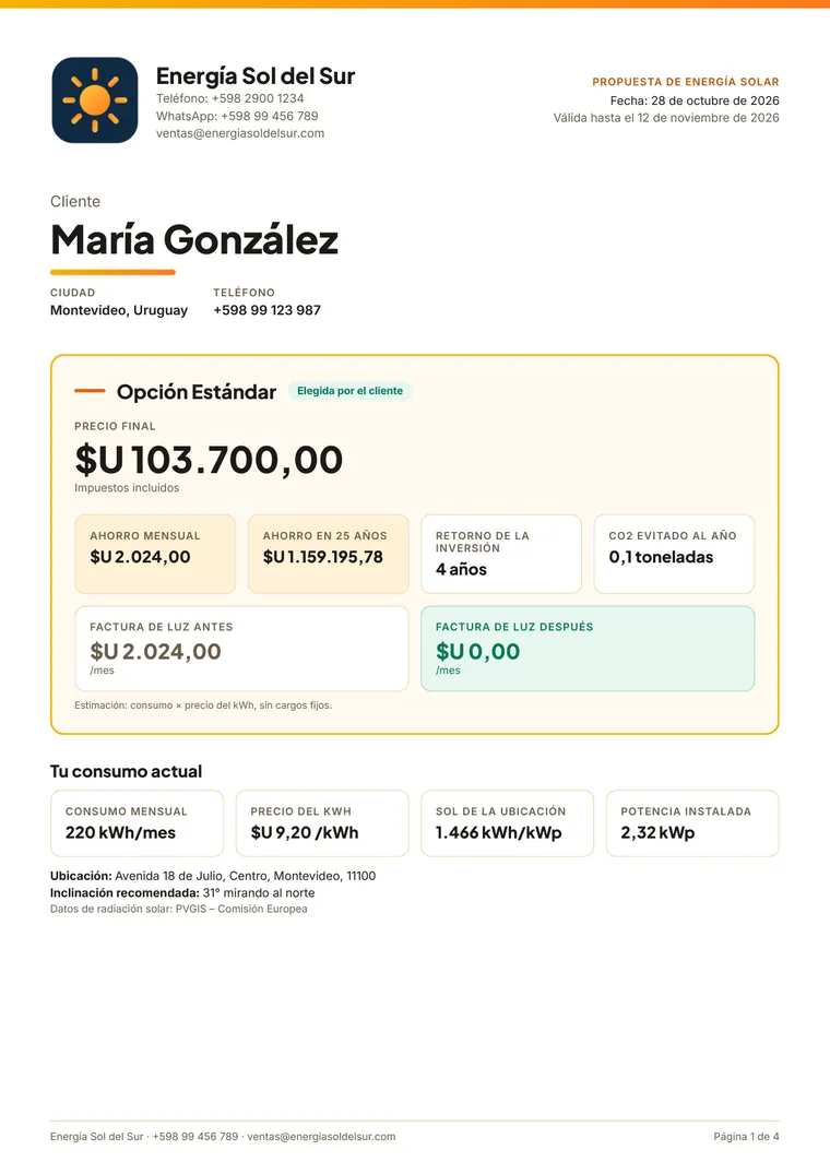 Página 1 de la propuesta: precio y ahorro