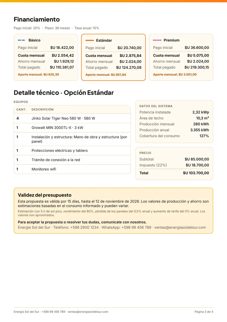 Página 3 de la propuesta: detalle técnico